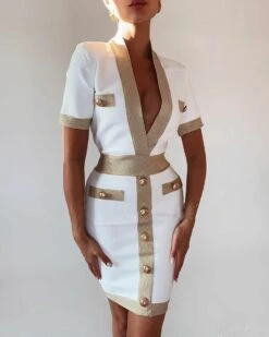 Vestito Donna Tubino Scollo V Profondo Bottoni Elegante