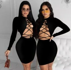 Vestito Donna Aderente Lacci Incrocio Scollo Profondo Sensuale