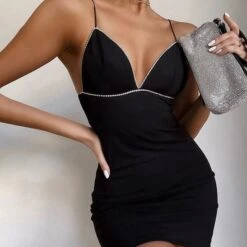 Vestito Donna Tubino Scollo V Brillantini Bretelle Elegante