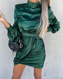 Vestito Donna Tubino Giro Collo Fascia Arricciato Elegante