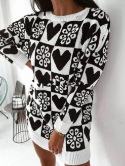 Vestito Donna Maxi Pull Morbido Bicolore Fantasia Cuori Fiori