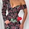 Vestito Donna Mono Spalla Scollo Cuore Fantasia Fiori Sensuale Elegante