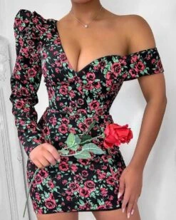 Vestito Donna Mono Spalla Scollo Cuore Fantasia Fiori Sensuale Elegante