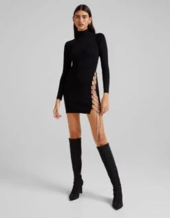 Vestito Donna Aderente Collo Alto Spacco Alto Lacci Intreccio Elegante