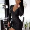 Vestito Donna Tubino Scollo V Aderente Manica Lunga Sensuale Elegante