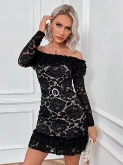 Vestito Donna Scollo Barca Manica Lunga Macrame Fantasia Fiori