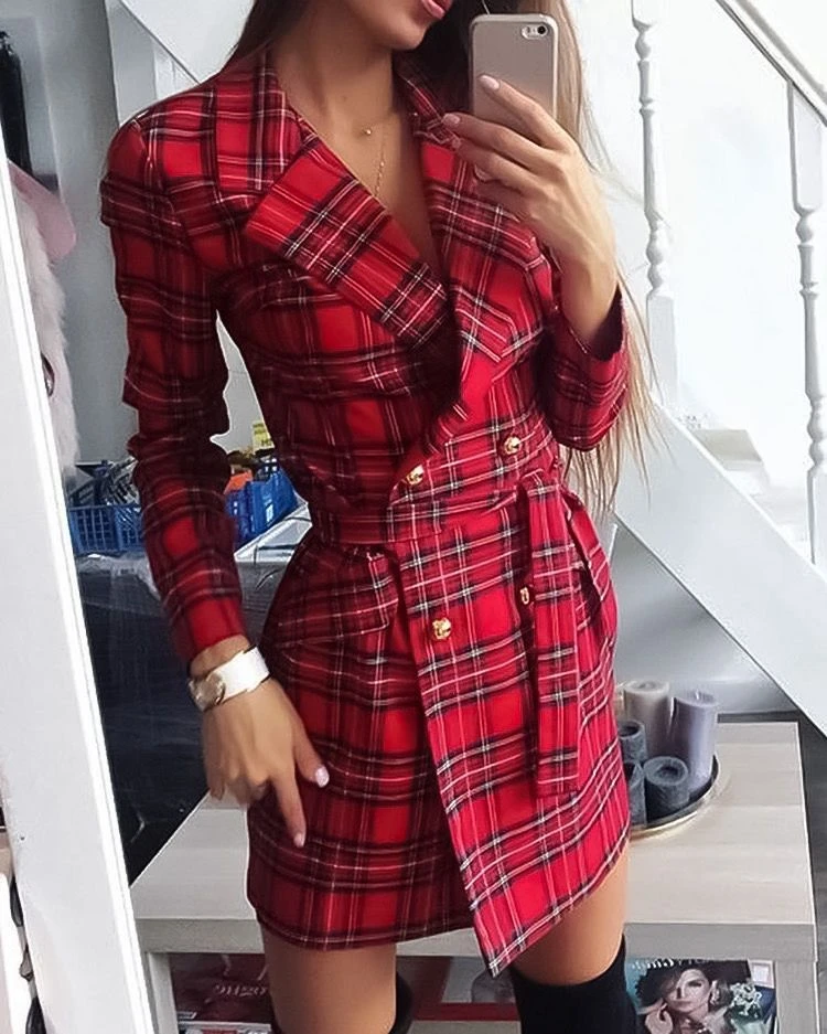 Vestito Donna Blazer Doppio Petto Fantasia Scozzese Bottoni Oro Cintura 1 Vestito Donna Blazer Doppio Petto Fantasia Scozzese Bottoni Oro Cintura