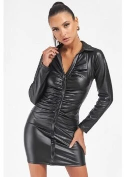 Vestito Donna Eco Pelle Camicione Bottoni Manica Lunga Casual