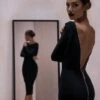 Vestito Donna Aderente Scollo Schiena Profondo Cerniera Manica Lunga Elegante Sensuale