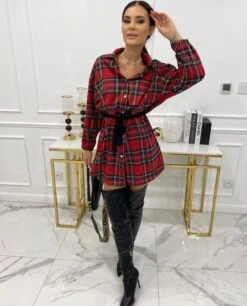 Vestito Donna Camicione Morbido Bottoni Fantasia Scozzese Casual