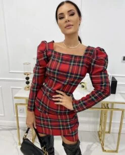 Vestito Donna Tubino Manica Lunga Spalla Sbuffo Fantasia Scozzese