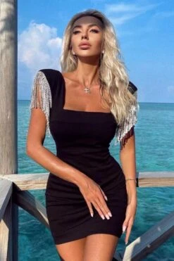 Vestito Donna Tubino Giro Manica Frangia Brillantini Gioiello Aderente Elegante