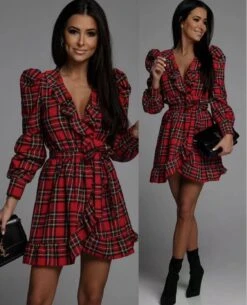 Vestito Donna Scollo V Manica Sbuffo Gonna Cintura Morbido Fantasia Scozzese