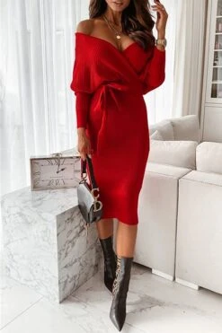 Vestito Donna Scollo Cuore Morbido Fiocco Manica Lunga Aderente Sensuale