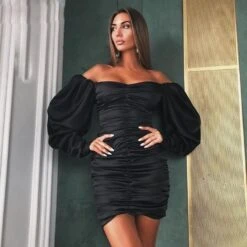 Vestito Donna Tubino Aderente Scollo Cuore Manica Sbuffo Ampia