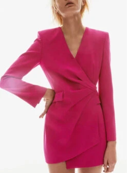 Vestito Donna Blazer Intreccio Scollo V Manica Lunga Gonna Asimmetrica Casual Elegante