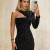 Vestito Donna Tubino Scollo Asimmetrico Perline Manica Lunga Aderente Sensuale