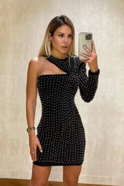 Vestito Donna Tubino Scollo Asimmetrico Perline Manica Lunga Aderente Sensuale