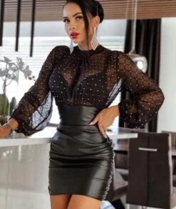 Vestito Donna Tubino Velato Rete Manica Ampia Girocollo Eco Pelle Aderente