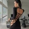Vestito Donna Lungo Scollo Schiena Profondo Aderente Spacco Alto Lacci Intreccio Elegante