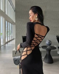Vestito Donna Lungo Scollo Schiena Profondo Aderente Spacco Alto Lacci Intreccio Elegante