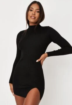 Vestito Donna Corto Spacco Mezzo Collo Manica Lunga