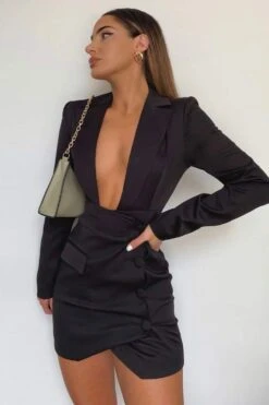 Vestito Donna Blazer Corto Scollo V Gonna Asimmetrica Manica Lunga