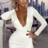 Vestito Donna Corto Scollo V Drappeggiato Manica Lunga