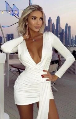 Vestito Donna Corto Scollo V Drappeggiato Manica Lunga