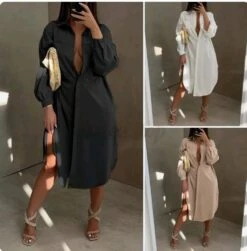 Vestito Camicia Donna Manica Lunga Sbuffo Bottoni