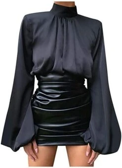 Vestito Donna Mezzo Collo Manica Sbuffo Gonna Vita Alta