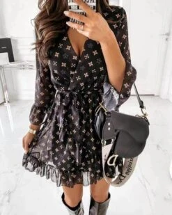 Vestito Donna Scollo V Manica Lunga Fantasia