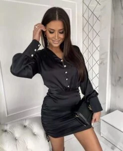 Vestito Donna Bottoni Manica Lunga Palloncino Coulisse