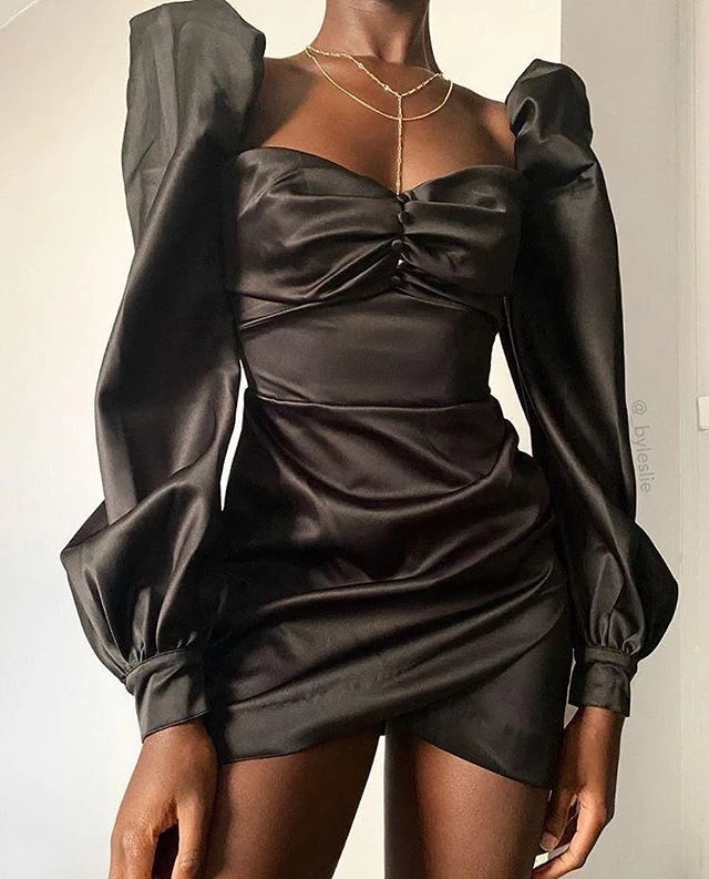 Vestito Donna Scollo Cuore Manica Lunga Sbuffo Spalline Gonna Asimmetrica 2 Vestito Donna Scollo Cuore Manica Lunga Sbuffo Spalline Gonna Asimmetrica - immagine 2