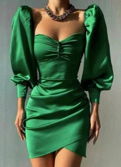 Vestito Donna Scollo Cuore Manica Lunga Sbuffo Spalline Gonna Asimmetrica