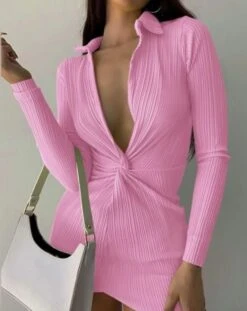 Vestito Donna Scollo Profondo Drappeggiato Manica Lunga