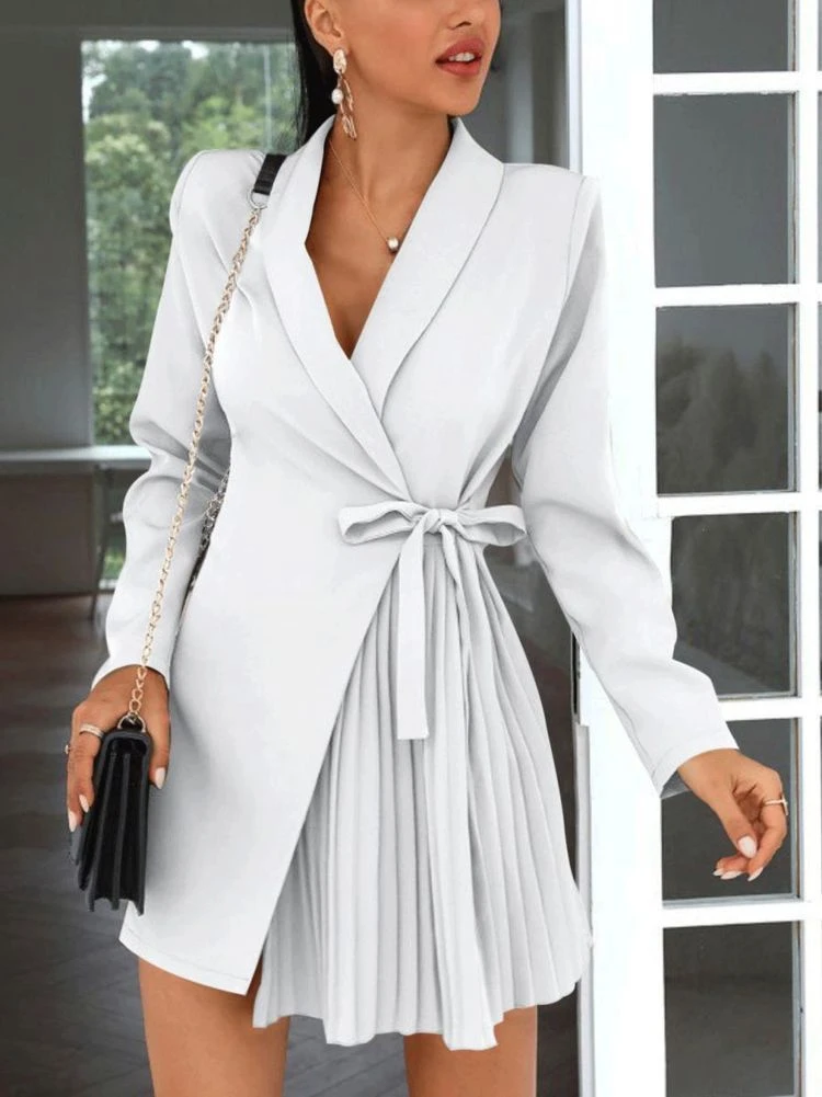 Vestito Donna Blazer Scollo V Cintura Plissè Manica Lunga 2 Vestito Donna Blazer Scollo V Cintura Plissè Manica Lunga - immagine 2