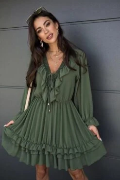 Vestito Donna Scollo V Manica Lunga Volant Morbido Chiffon