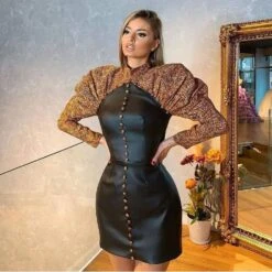 Vestito Donna Maniche Palloncino Bottoni Eco Pelle