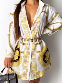 Vestito Donna Camicione Elegante Maniche Lunghe Morbide Fantasia