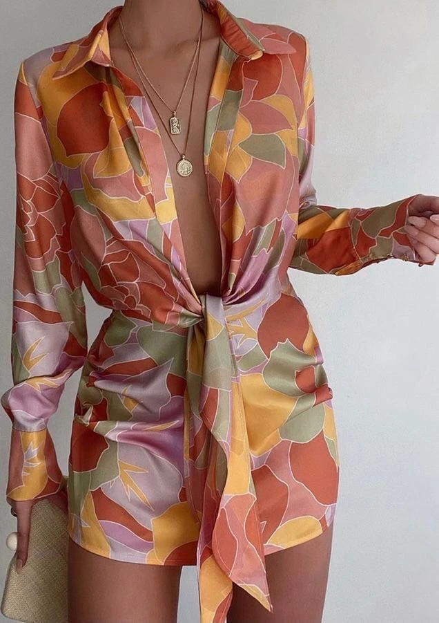 Vestito Donna Elegante Scollo Profondo Fantasia Maniche Morbide Fiocco 2 Vestito Donna Elegante Scollo Profondo Fantasia Maniche Morbide Fiocco - immagine 2