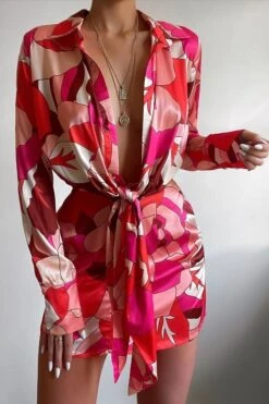 Vestito Donna Elegante Scollo Profondo Fantasia Maniche Morbide Fiocco