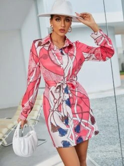 Vestito Camicione Donna Fantasia Manica Lunga Laccio