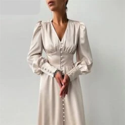 Vestito Donna Lungo Scollo V Spalline Maniche Sbuffo Bottoncini Casual -Lindavi Negozio WhatsAppImage2022 02 02at17.13.54 1