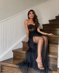 Vestito Donna Bustier Bretelle Gioiello Gonna Spacco Tulle Elegante