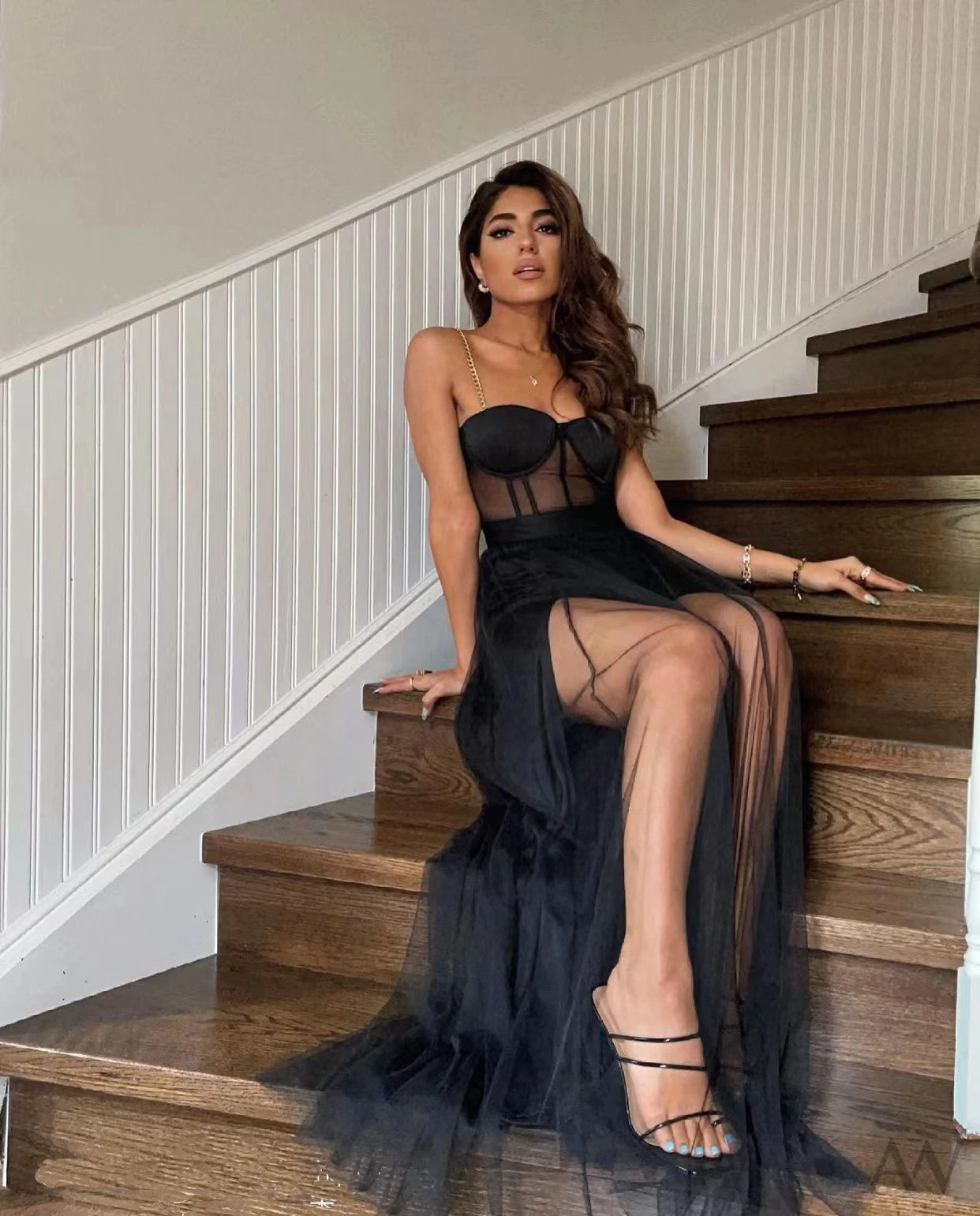 Vestito Donna Bustier Bretelle Gioiello Gonna Spacco Tulle Elegante 1 Vestito Donna Bustier Bretelle Gioiello Gonna Spacco Tulle Elegante