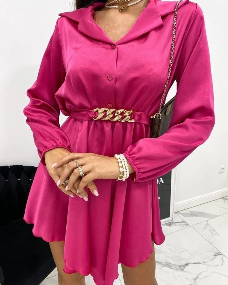 Vestito Donna Camicione Manica Lunga Cintura Catena Gonna Morbida 2 Vestito Donna Camicione Manica Lunga Cintura Catena Gonna Morbida - immagine 2