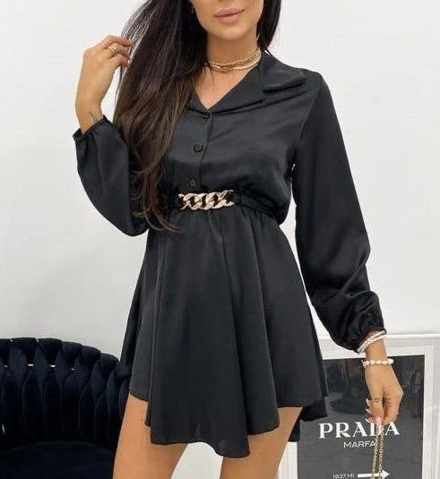 Vestito Donna Camicione Manica Lunga Cintura Catena Gonna Morbida 3 Vestito Donna Camicione Manica Lunga Cintura Catena Gonna Morbida - immagine 3