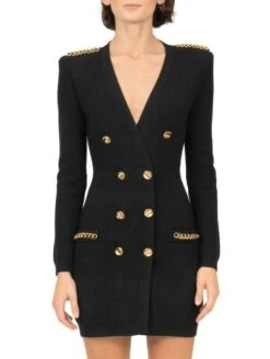 Vestito Donna Scollo V Giacca Doppio Petto Manica Lunga Bottoni Catena