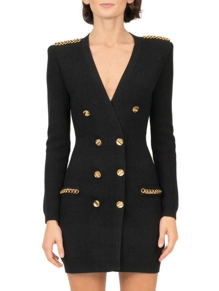 Vestito Donna Scollo V Giacca Doppio Petto Manica Lunga Bottoni Catena 1 Vestito Donna Scollo V Giacca Doppio Petto Manica Lunga Bottoni Catena